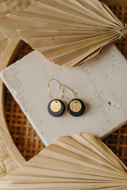 Hoop earrings with round polymer clay pendant and leaf