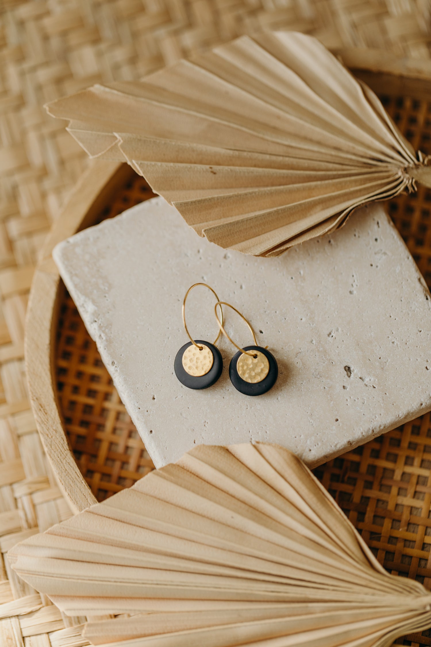 Hoop earrings with round polymer clay pendant and leaf