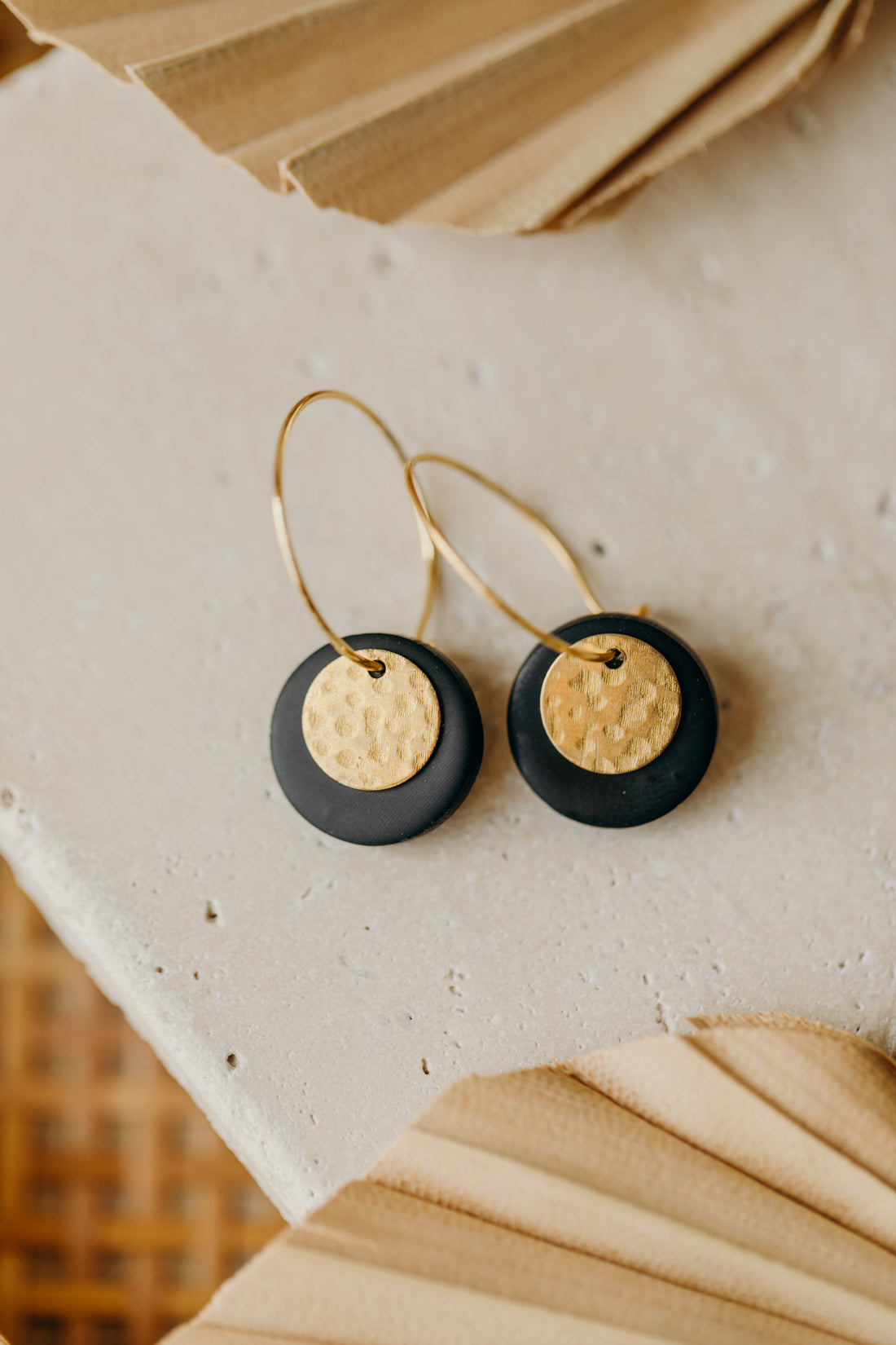 Hoop earrings with round polymer clay pendant and leaf