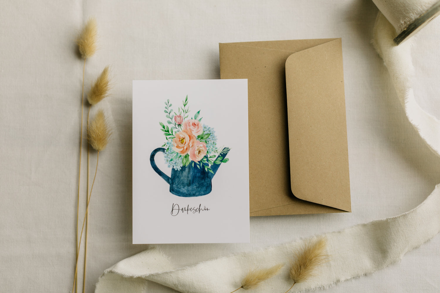 Postcard blue watering can with the print &quot;Thank you&quot;