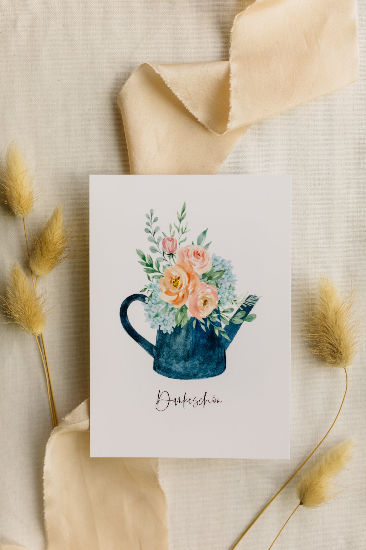 Postcard blue watering can with the print &quot;Thank you&quot;