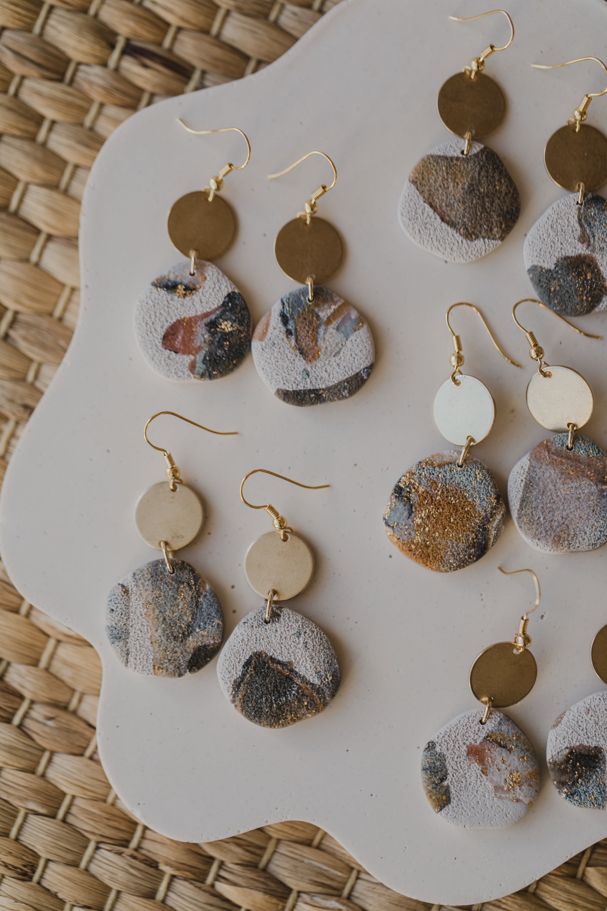 round polymer clay earrings with brass pendant circle