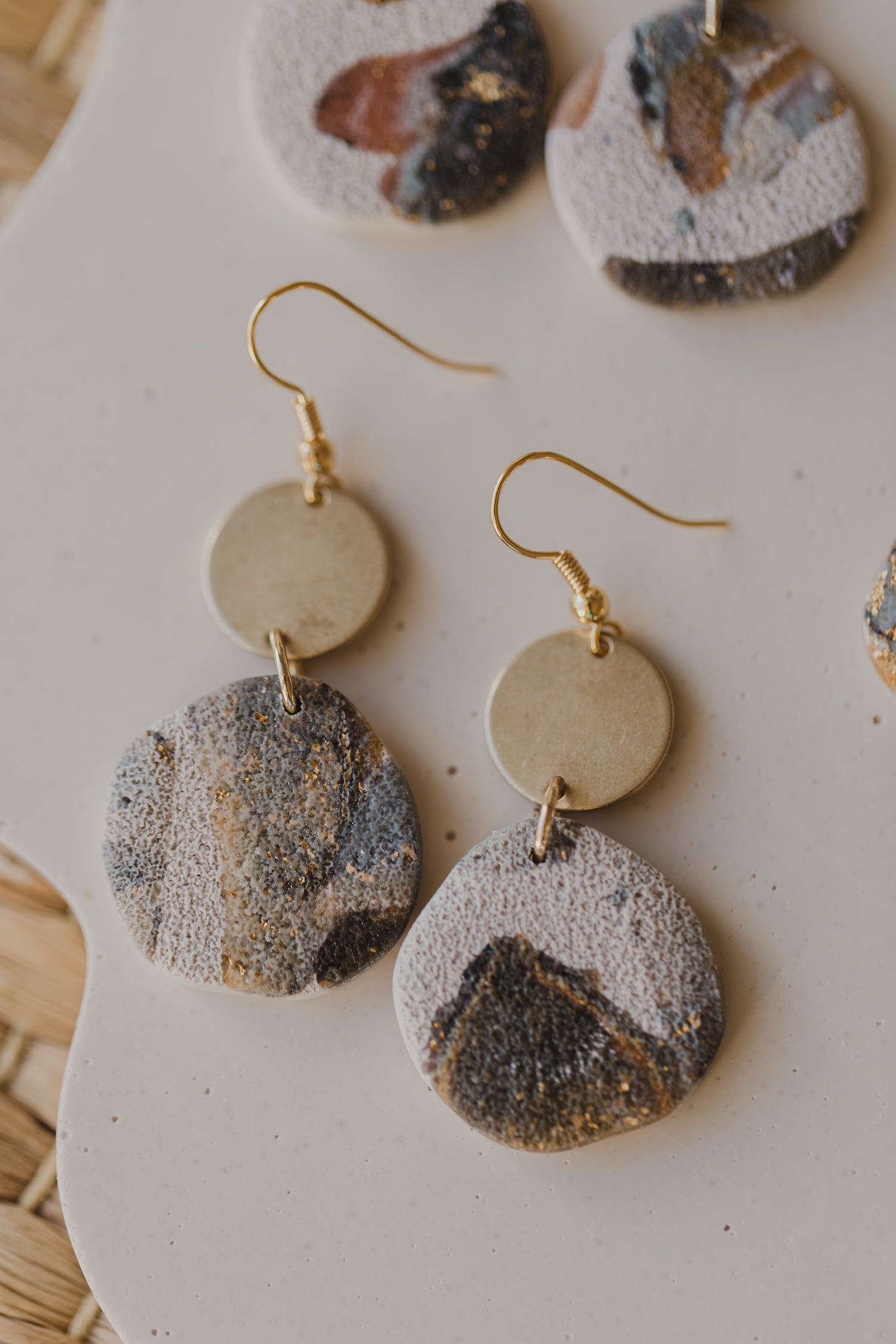 round polymer clay earrings with brass pendant circle