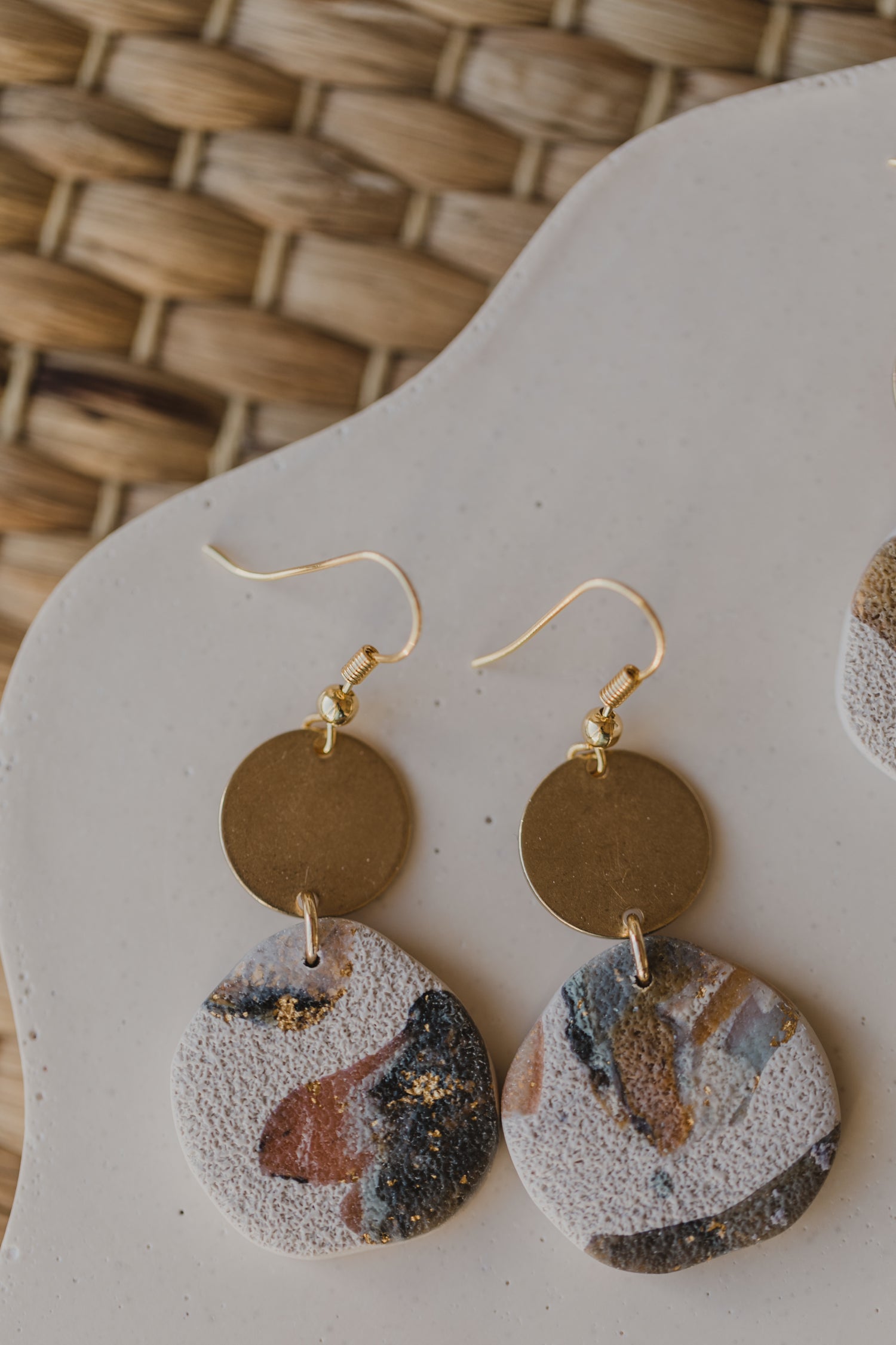 round polymer clay earrings with brass pendant circle