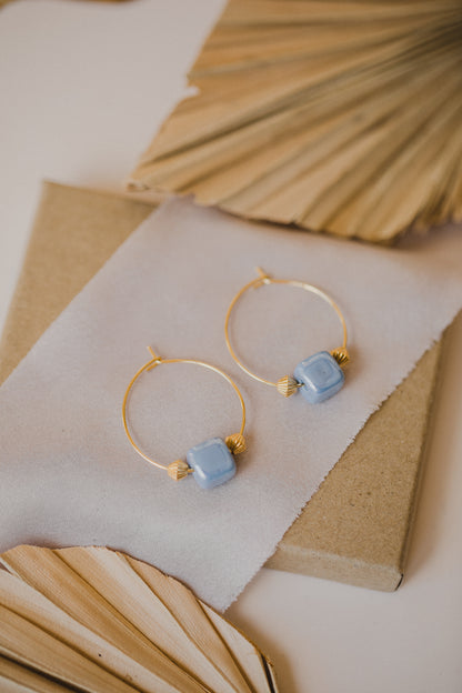 Hoop earrings with round plate - champagne colors