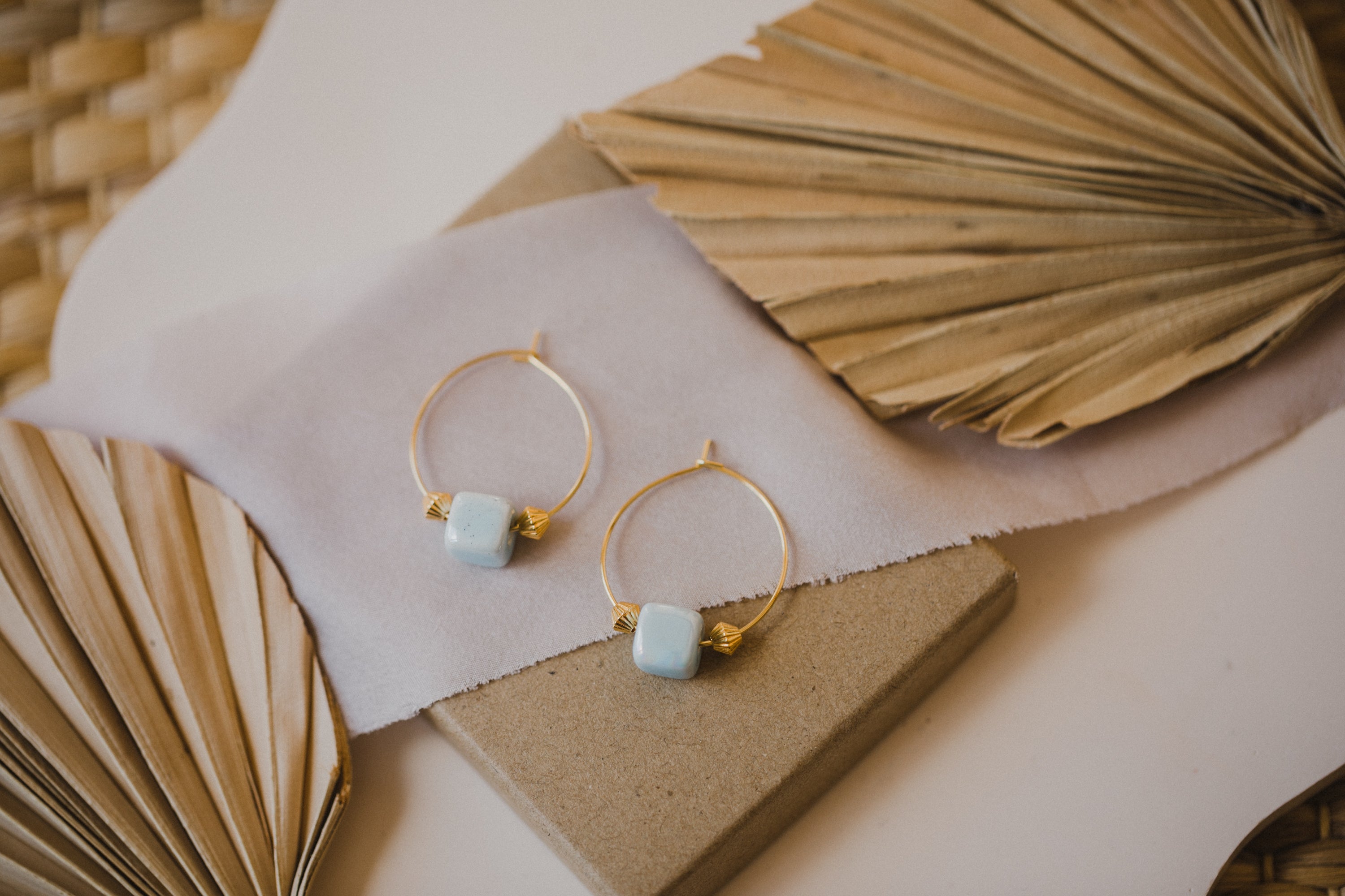 Hoop earrings with round plate - champagne colors