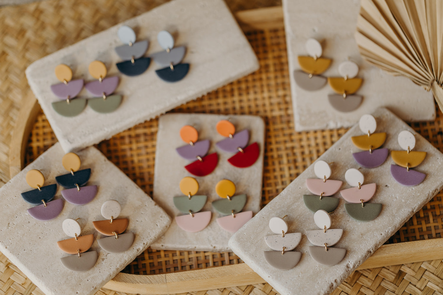 Francesca - Polymer clay earrings in soft mustard yellow, dark blue and light purple