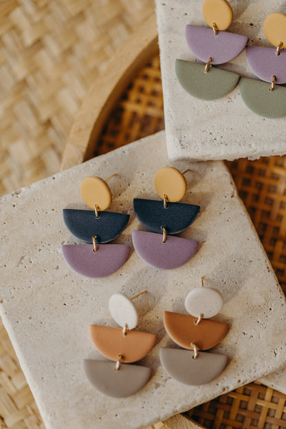 Francesca - Polymer clay earrings in soft mustard yellow, dark blue and light purple