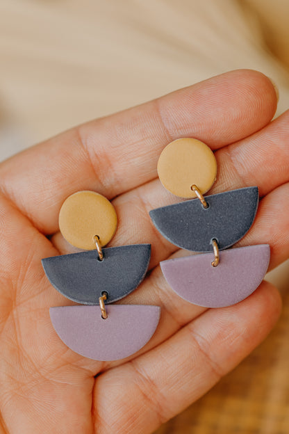 Francesca - Polymer clay earrings in soft mustard yellow, dark blue and light purple