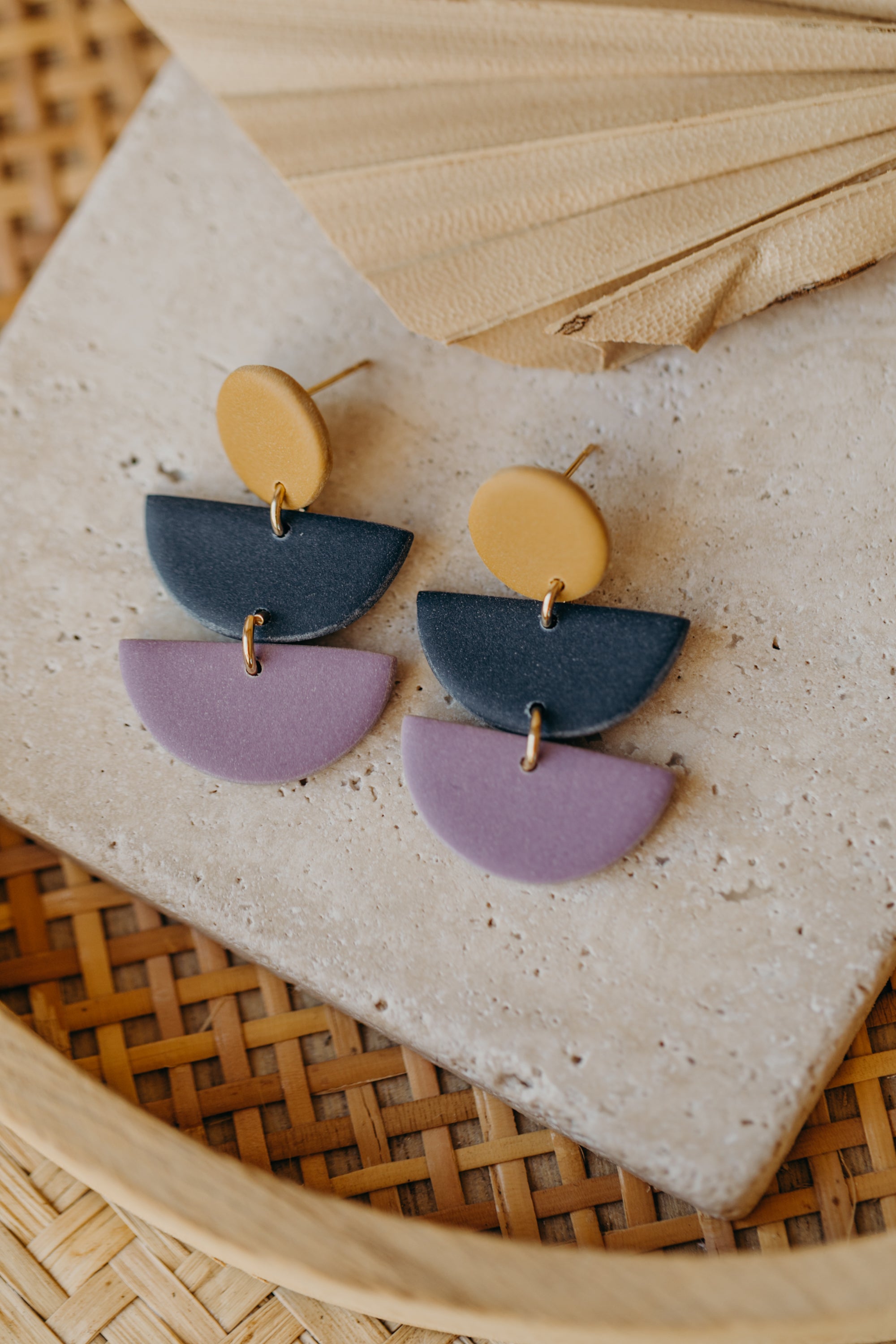 Francesca - Polymer clay earrings in soft mustard yellow, dark blue and light purple