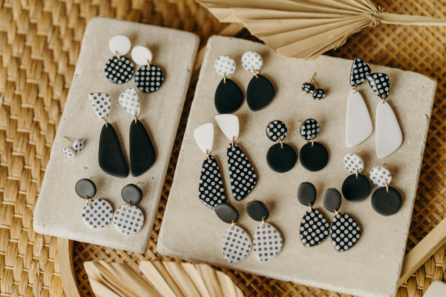 black and white striped polymer clay earrings