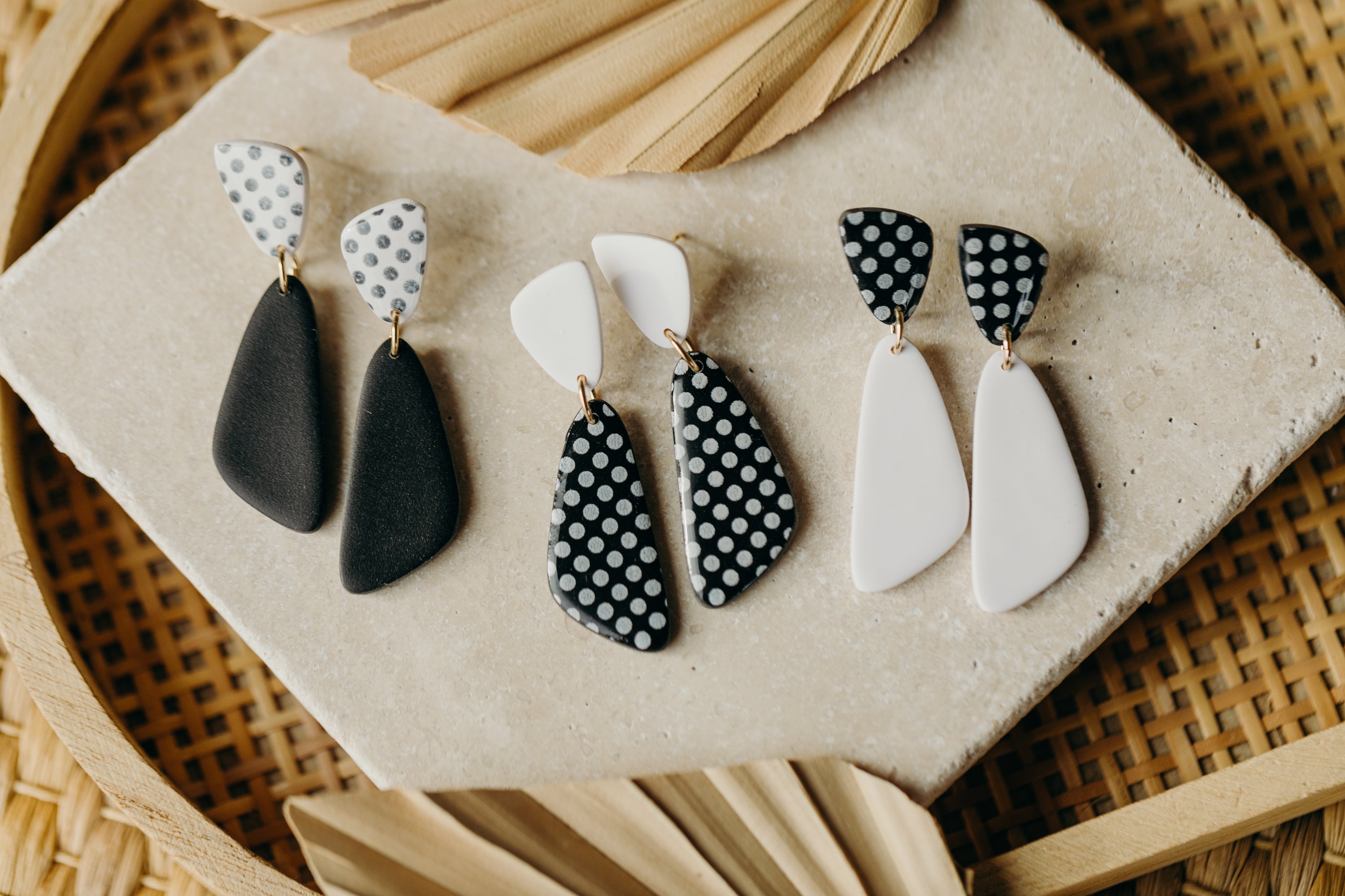 black and white striped polymer clay earrings