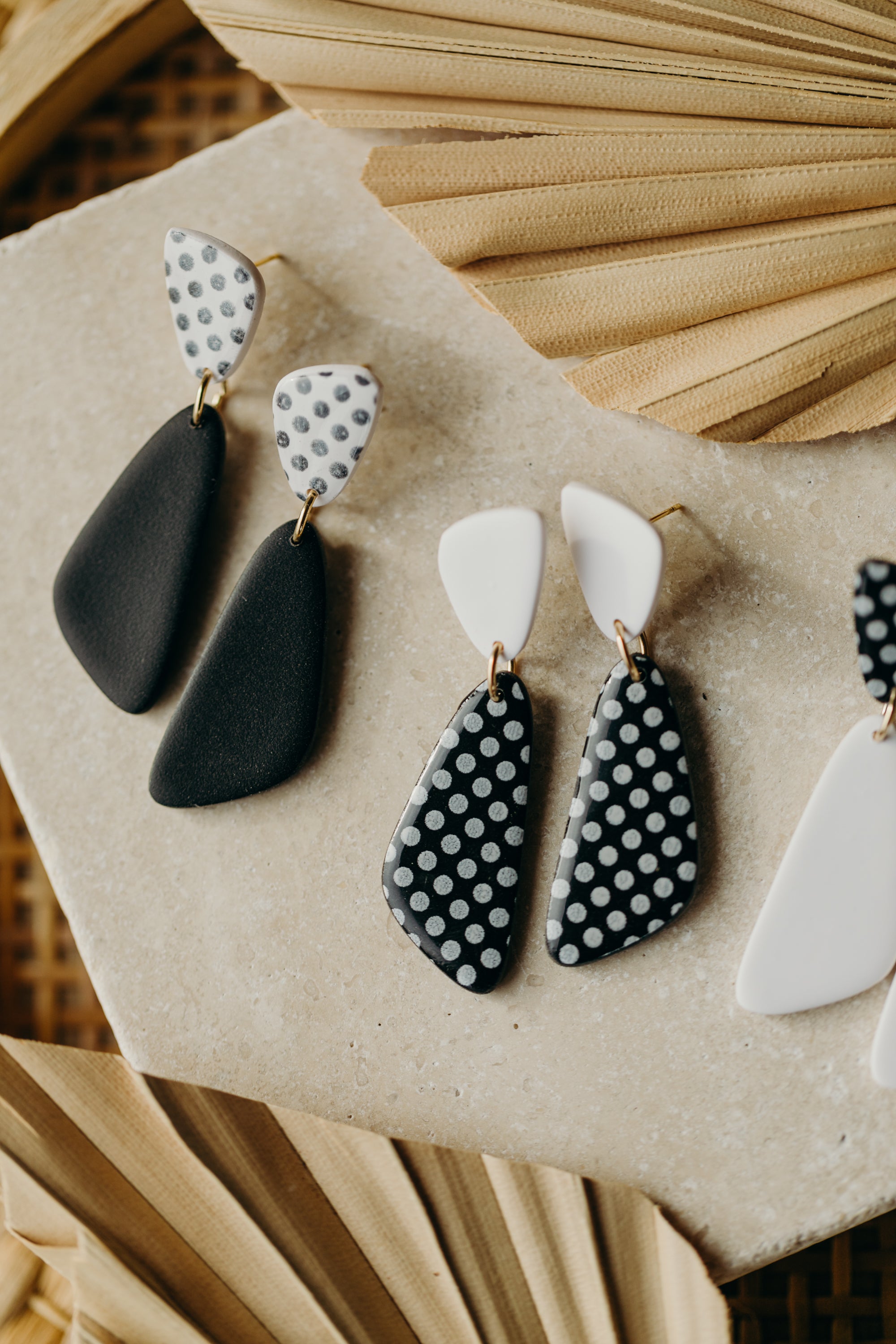 black and white striped polymer clay earrings