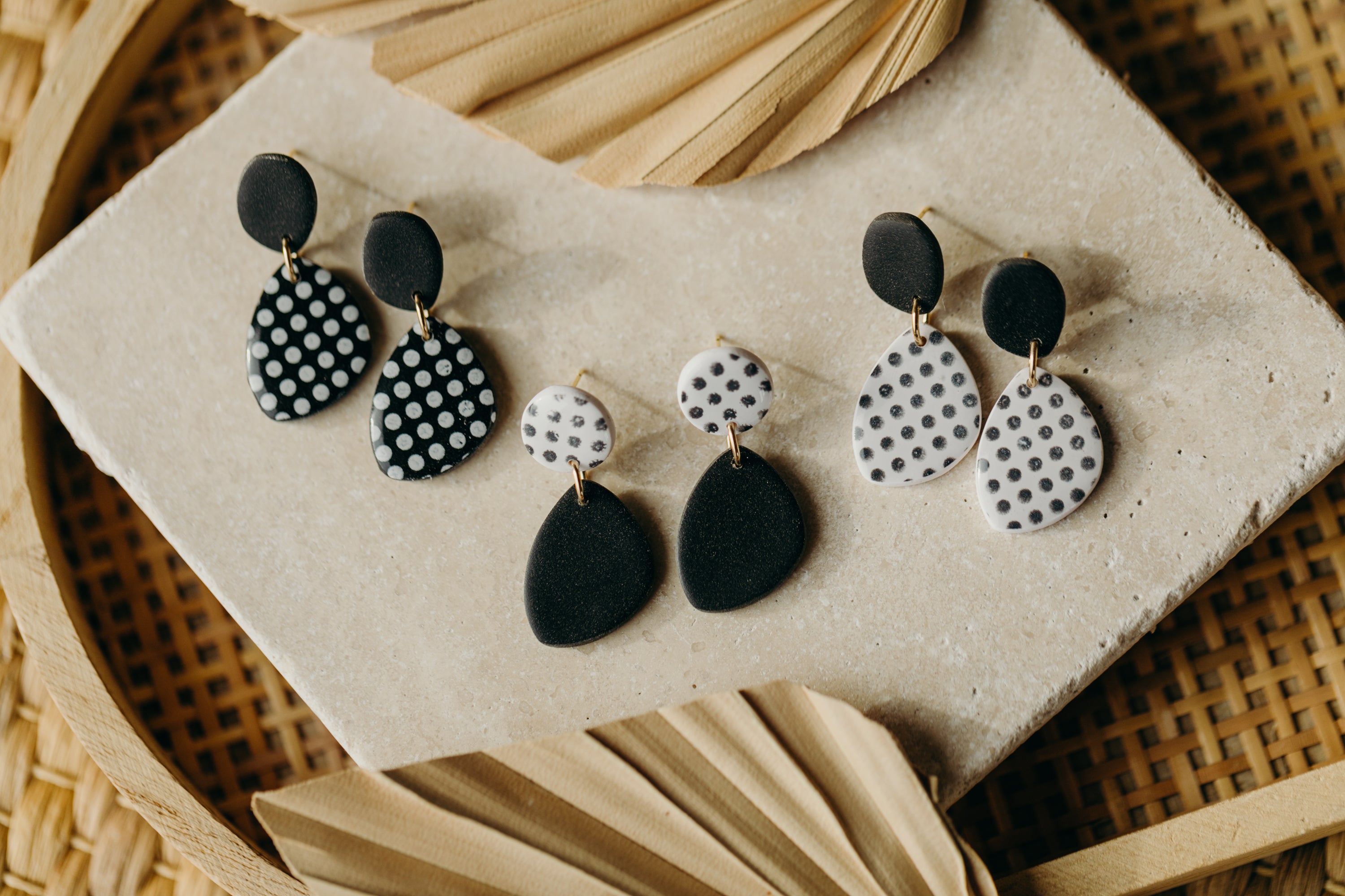 black and white striped polymer clay earrings