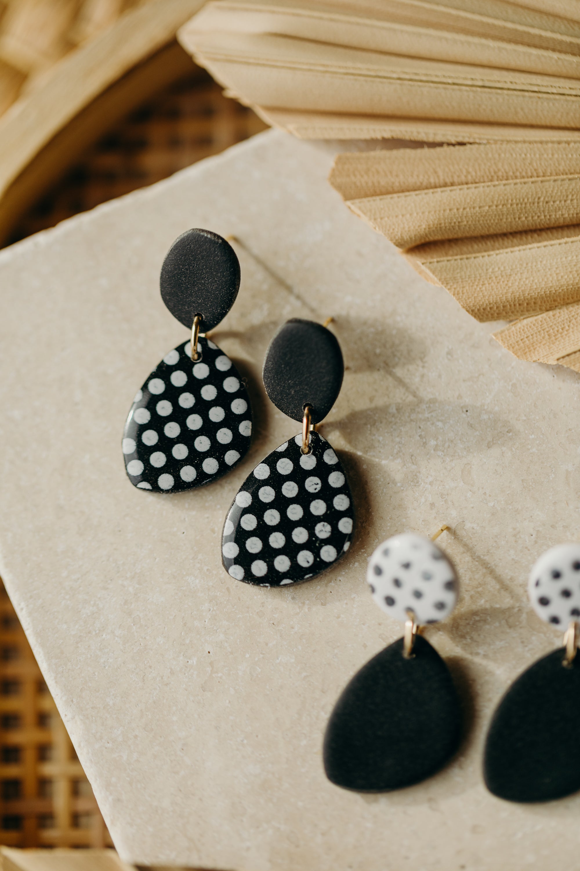 black and white striped polymer clay earrings