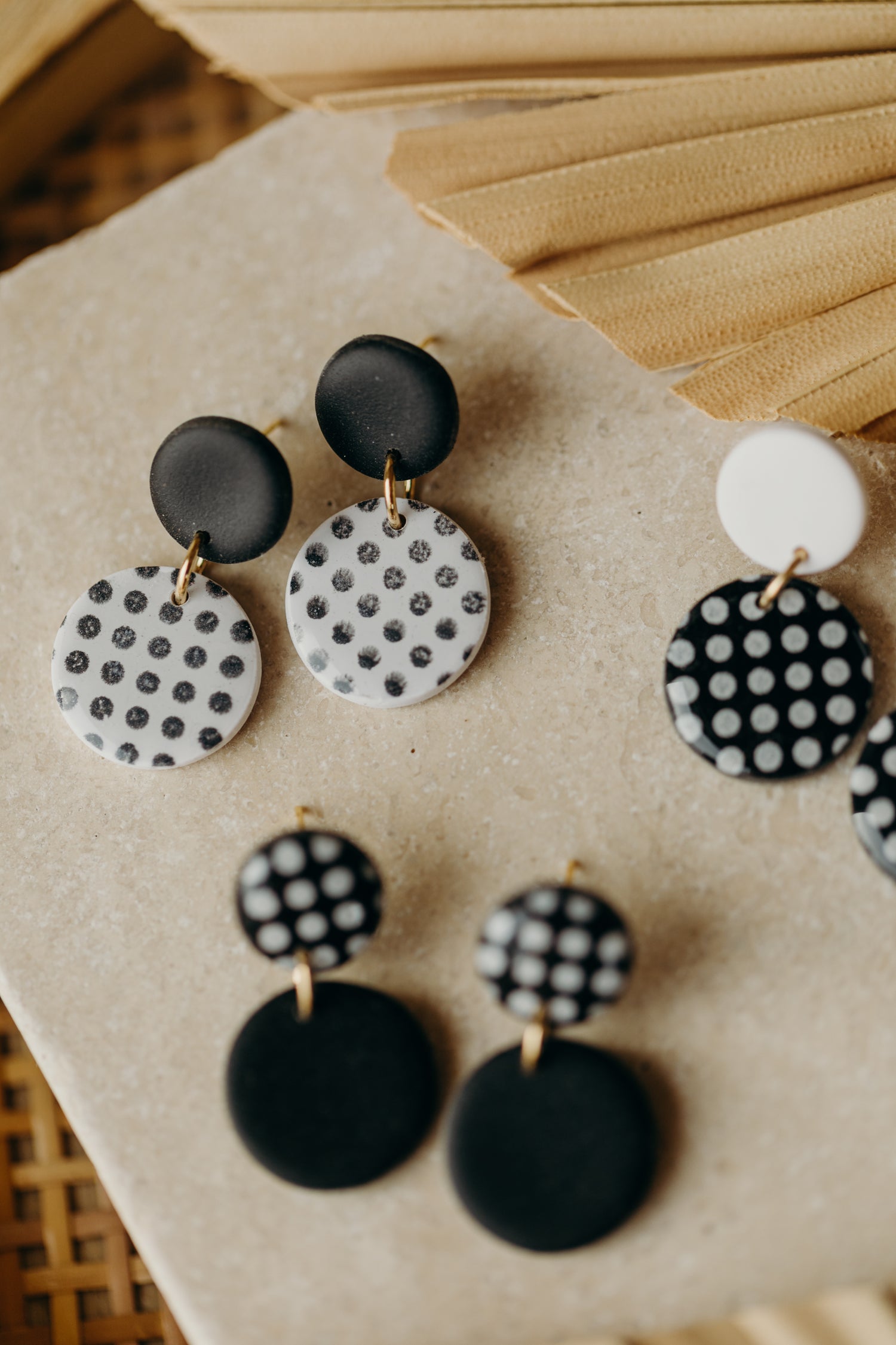 black and white striped polymer clay earrings