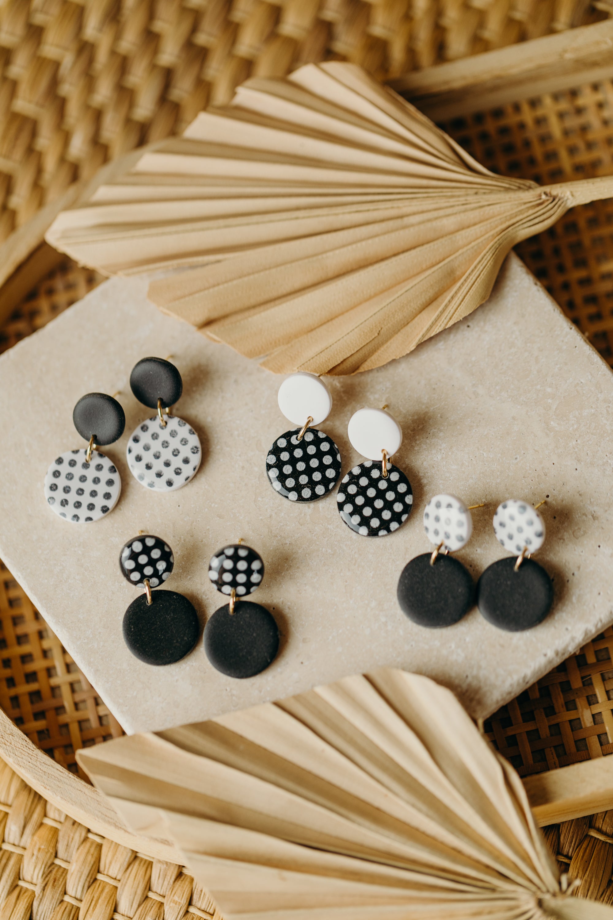 black and white striped polymer clay earrings