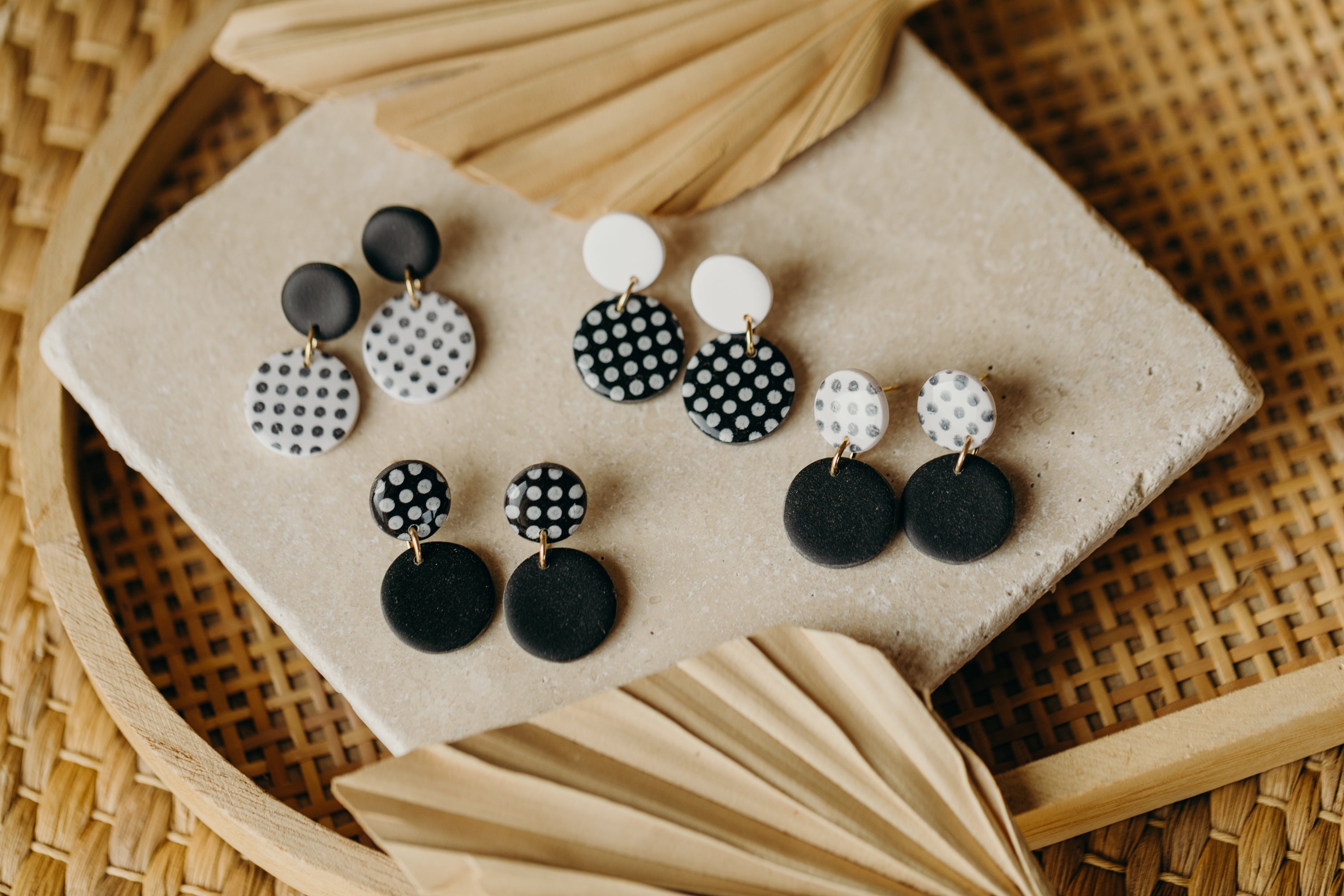 black and white striped polymer clay earrings