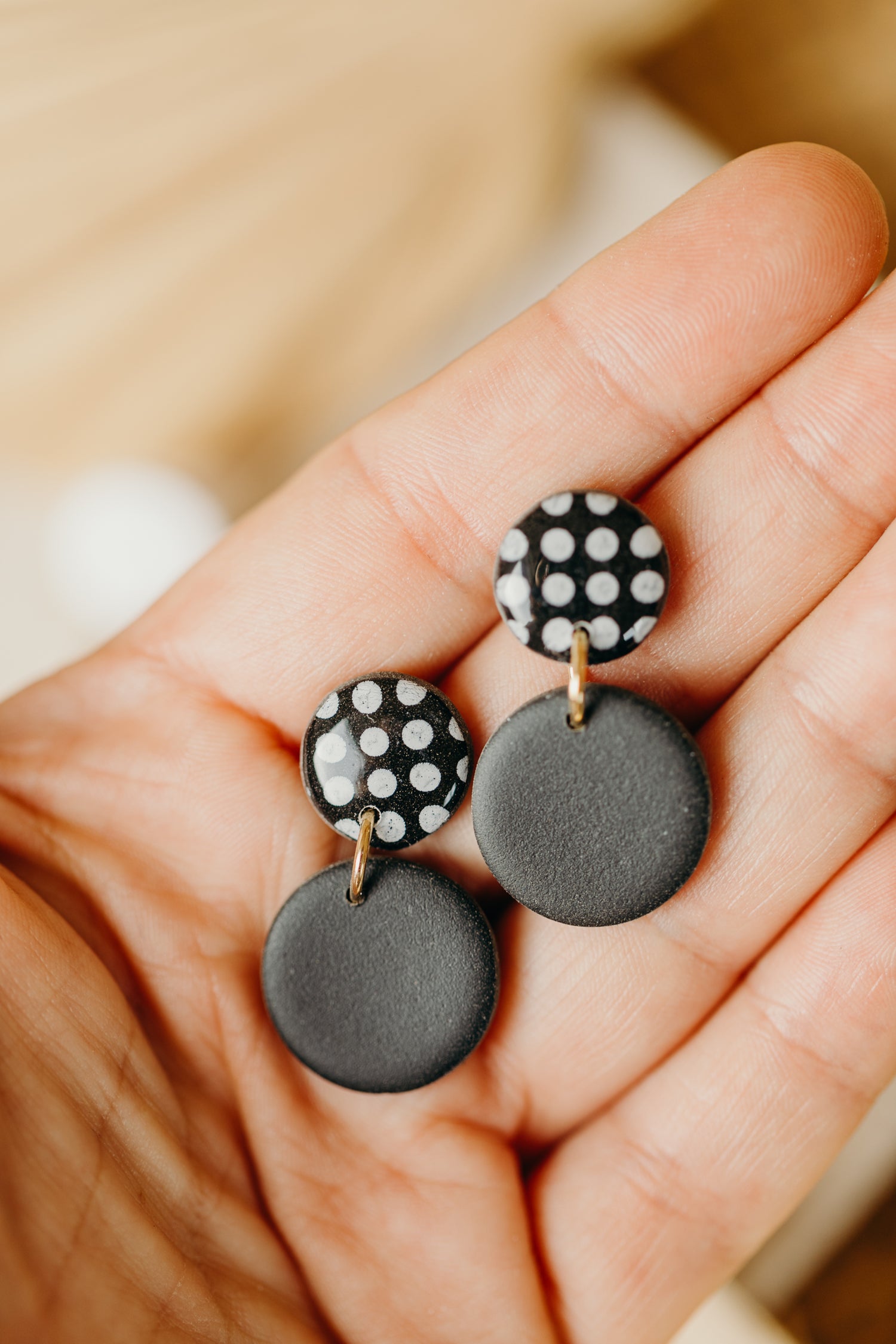 black and white striped polymer clay earrings