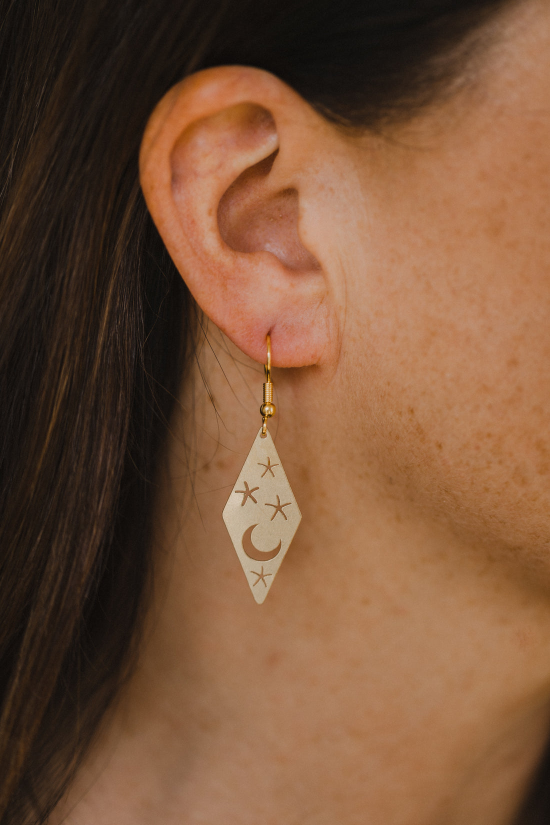 Brass earrings diamond with moon and stars