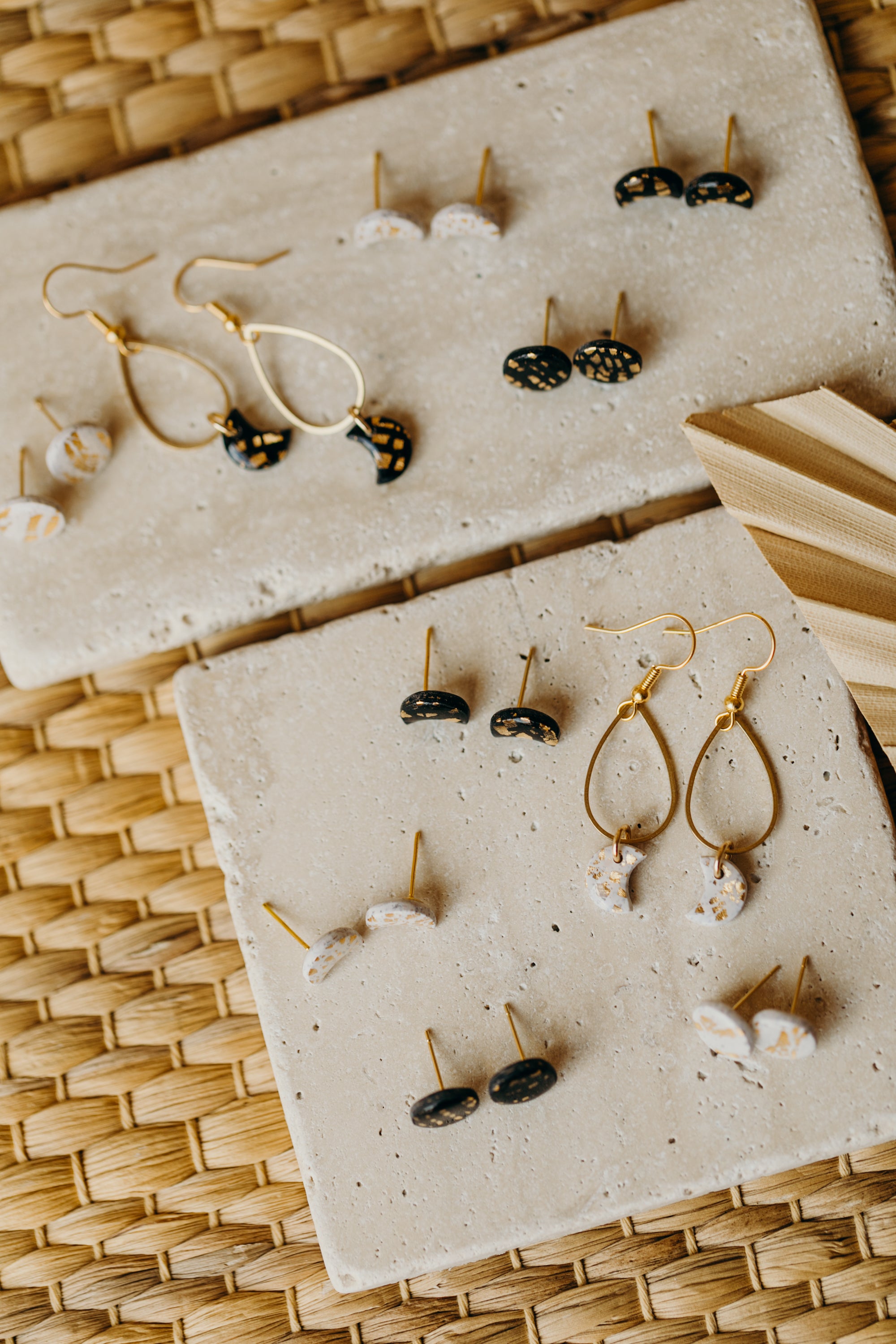 Polymer clay earrings with drop brass pendant and moon