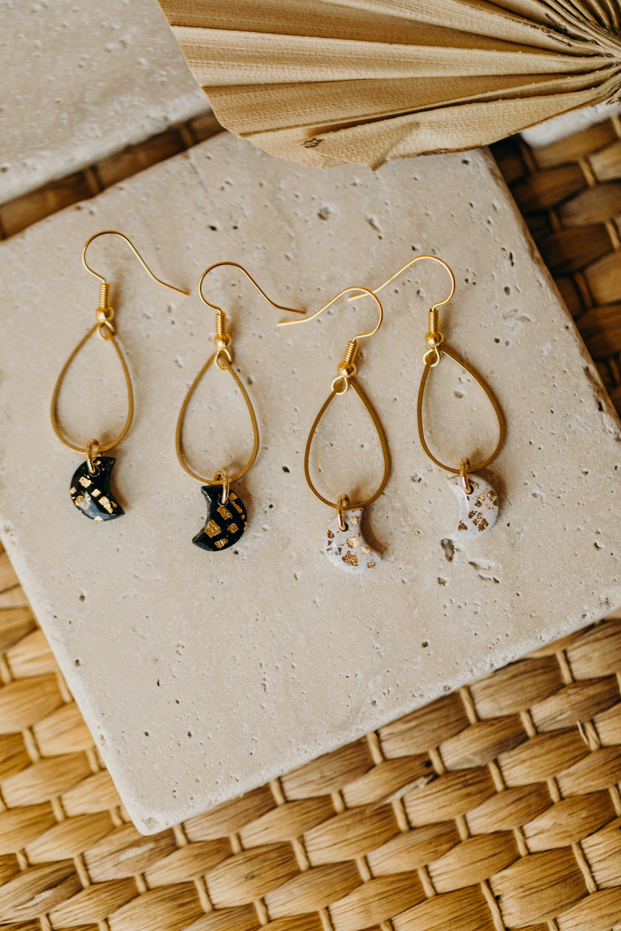 Polymer clay earrings with drop brass pendant and moon