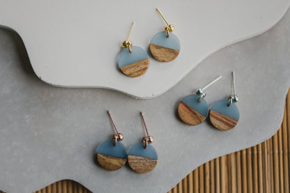 round blue wooden earrings