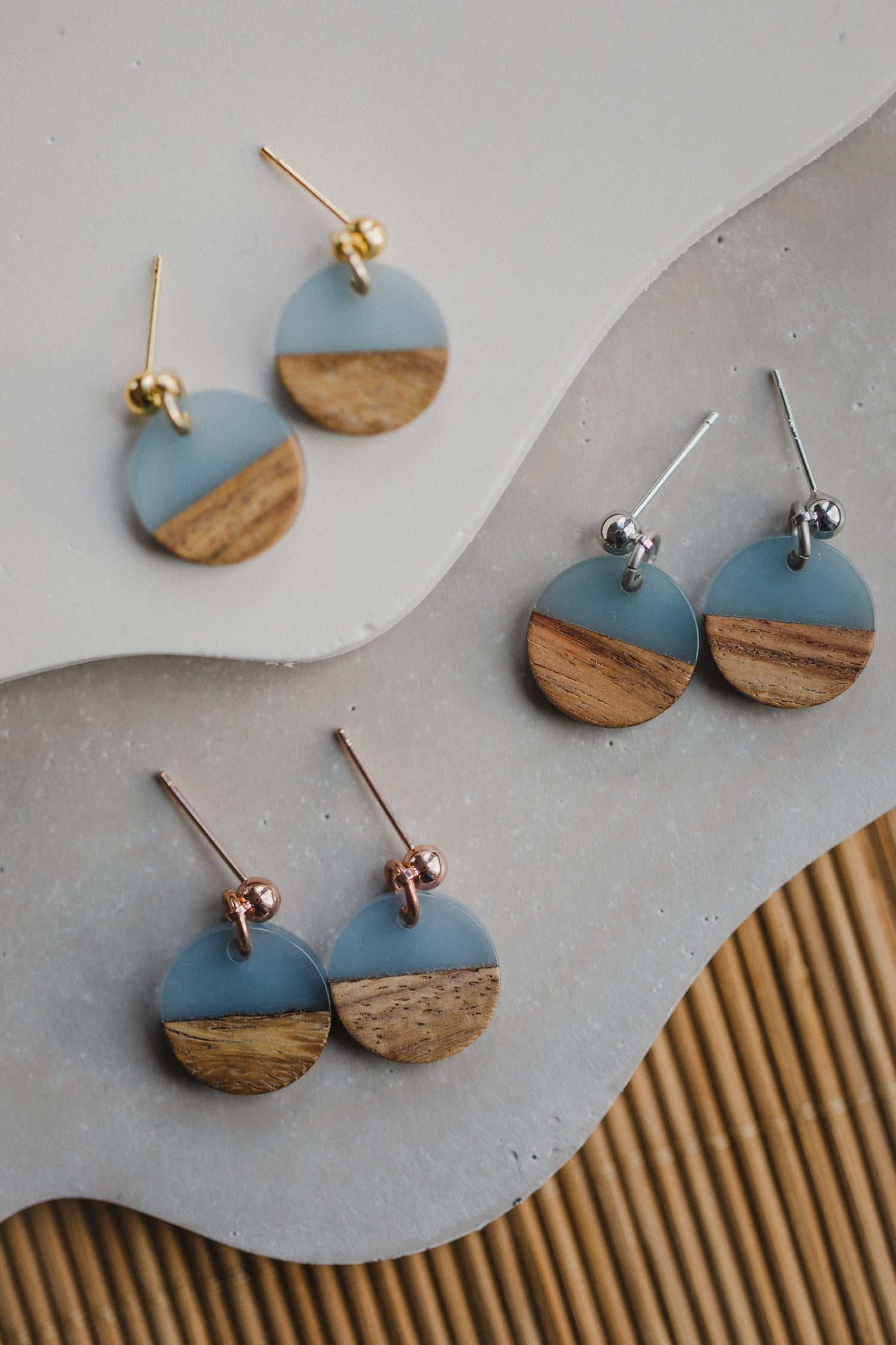 round blue wooden earrings