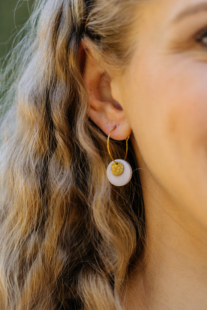 Hoop earrings with round polymer clay pendant and leaf