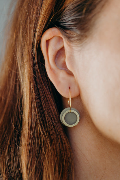 Hoop earrings with round polymer clay pendant and leaf