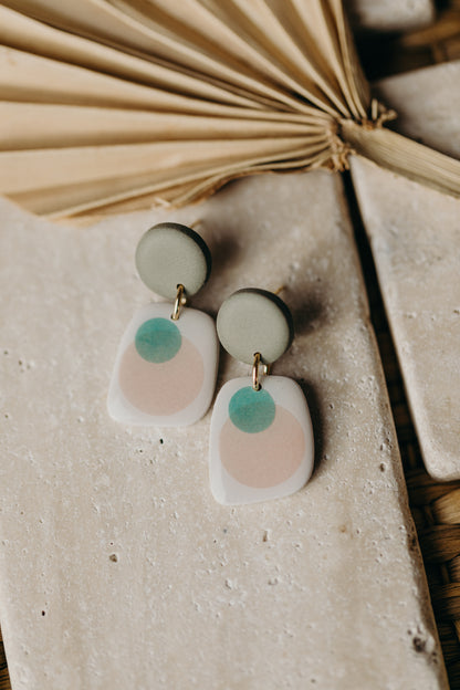 rectangular green polymer clay earrings with green and apricot dots