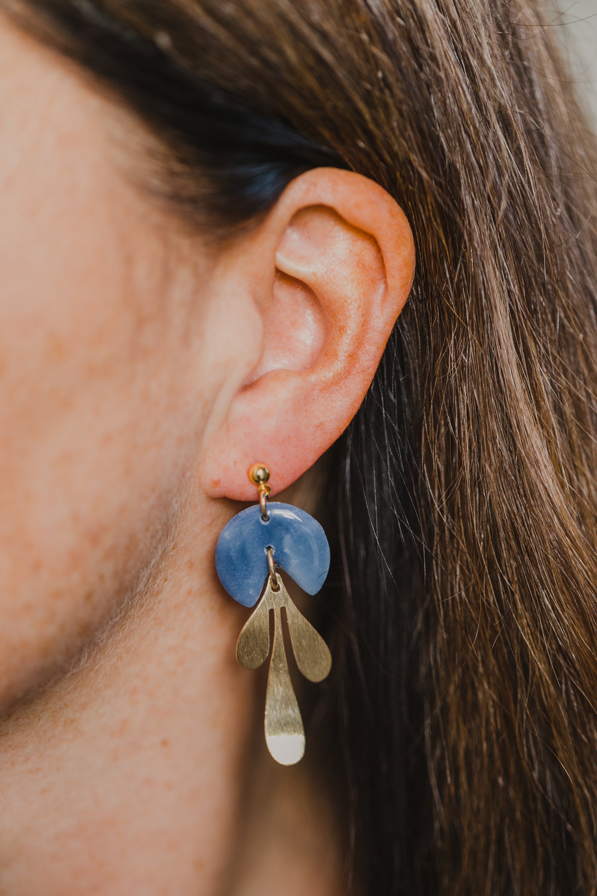 Hoop earrings with round polymer clay pendant and leaf