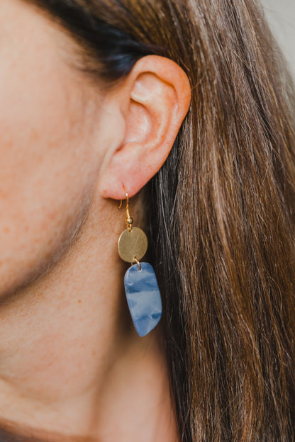 Hoop earrings with round polymer clay pendant and leaf