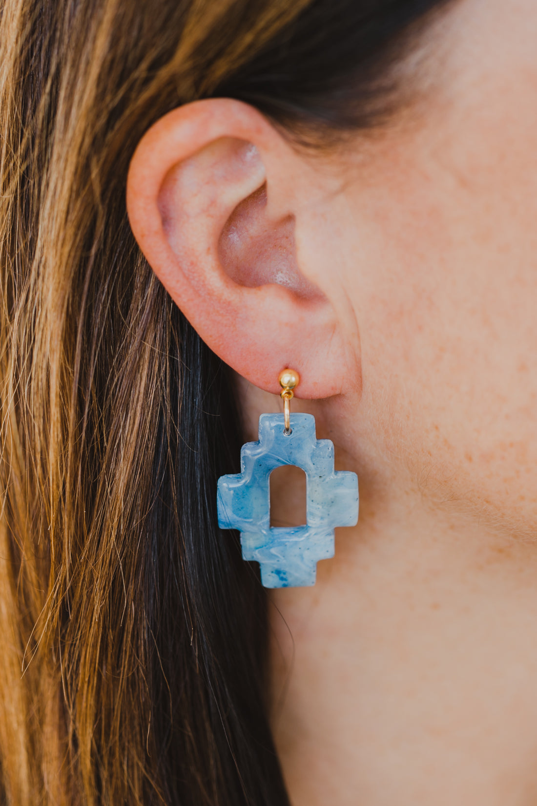 Hoop earrings with round polymer clay pendant and leaf