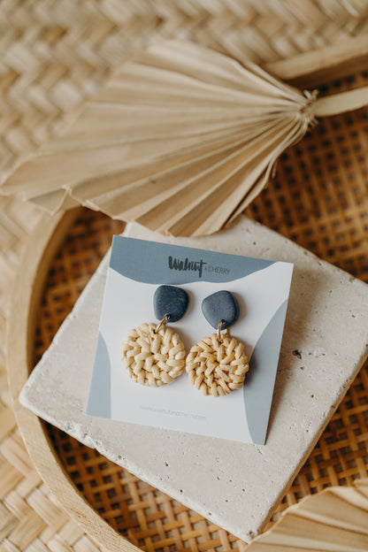 blue polymer clay earrings with round rattan pendant