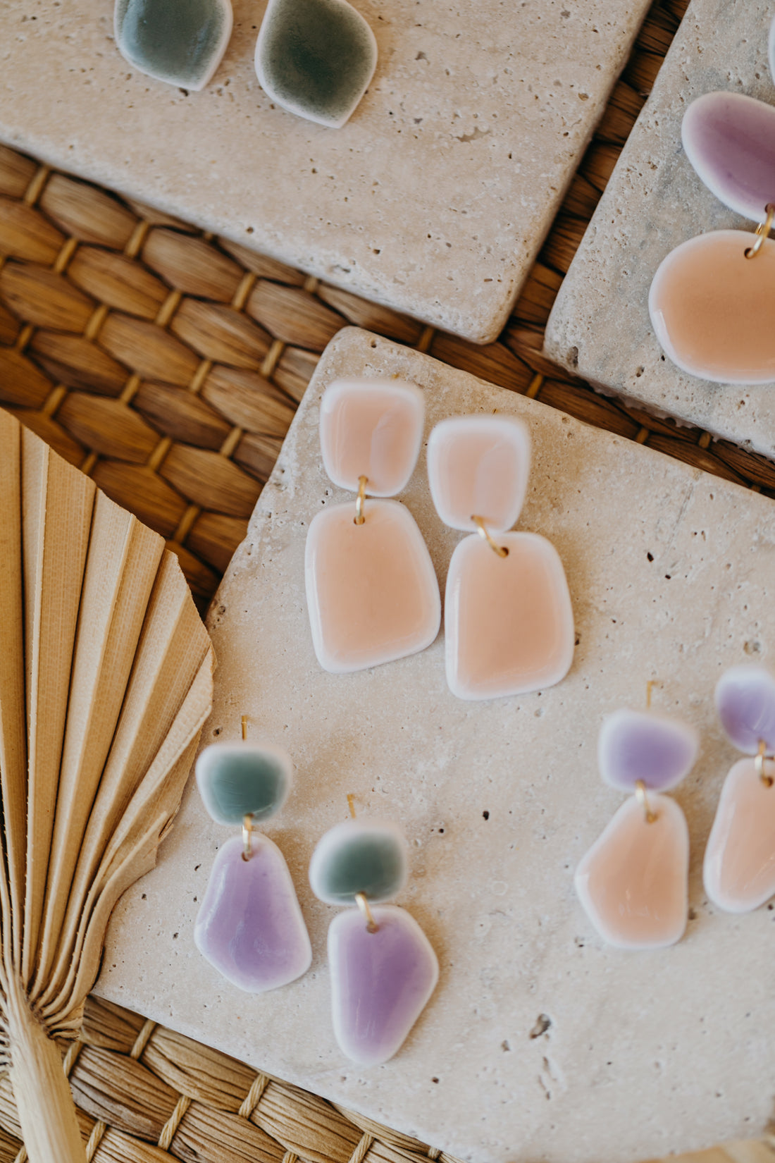 rectangular apricot colored polymer clay earrings in ceramic look