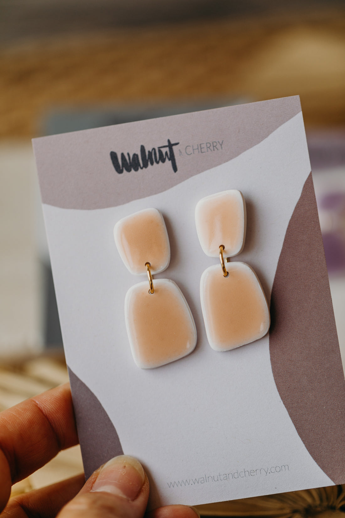 rectangular apricot colored polymer clay earrings in ceramic look