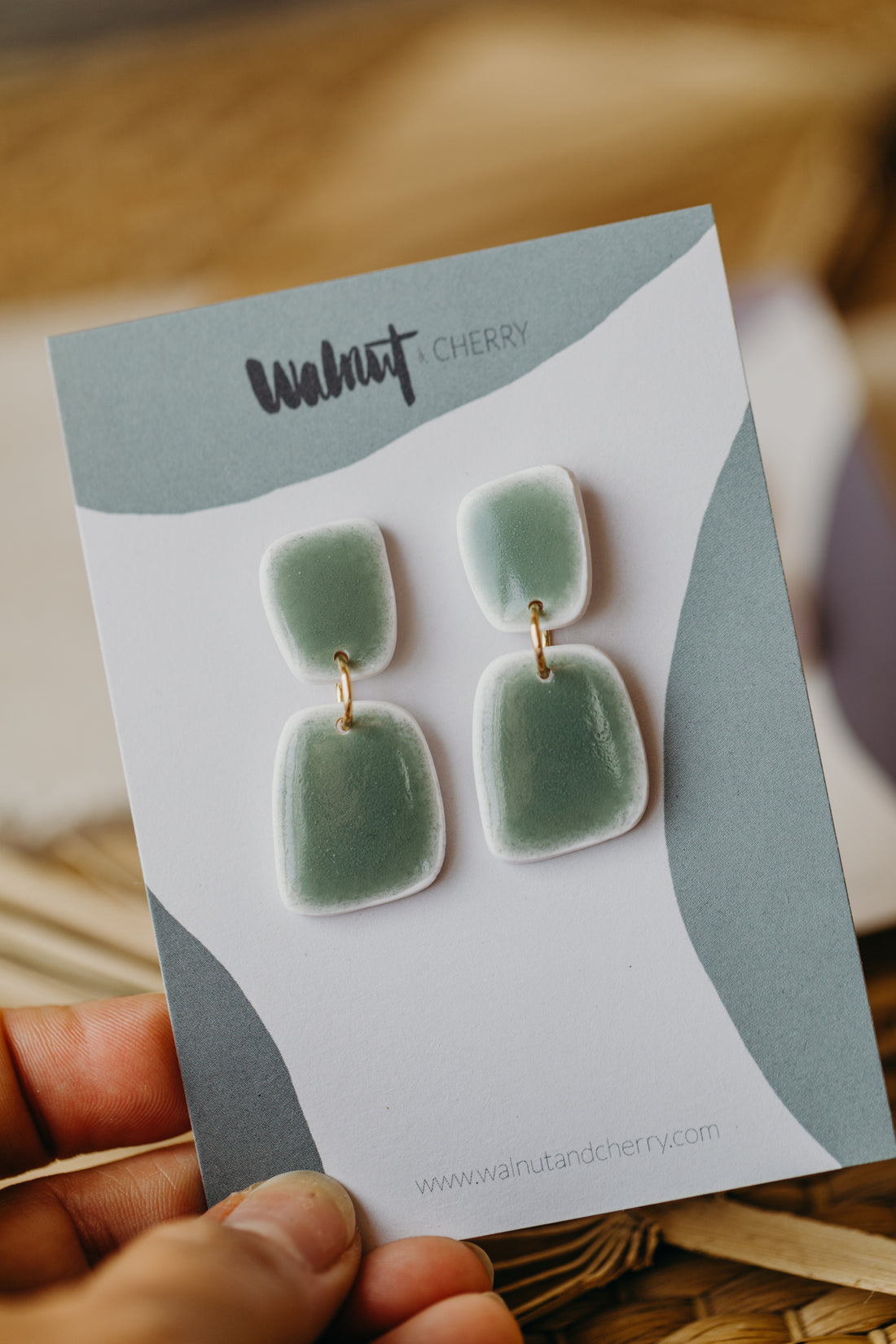 rectangular green polymer clay earrings in ceramic look