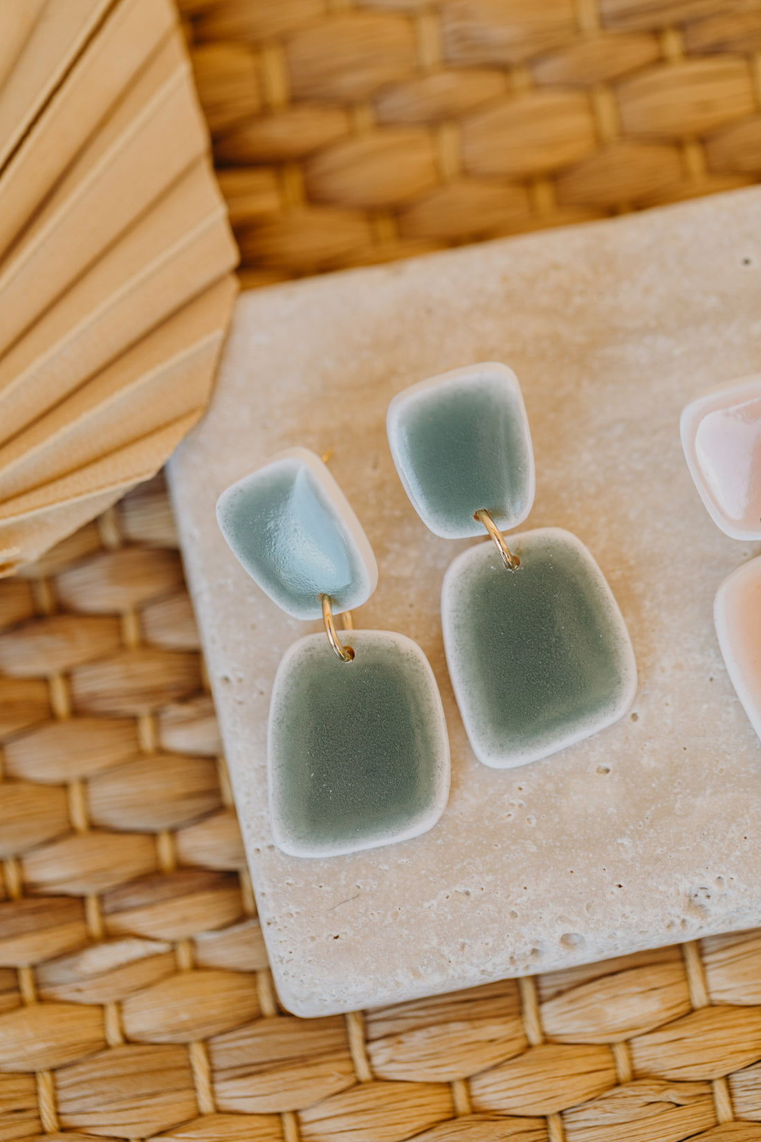 rectangular green polymer clay earrings in ceramic look