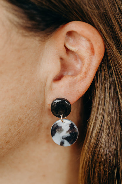 black polymer clay earrings with white pattern