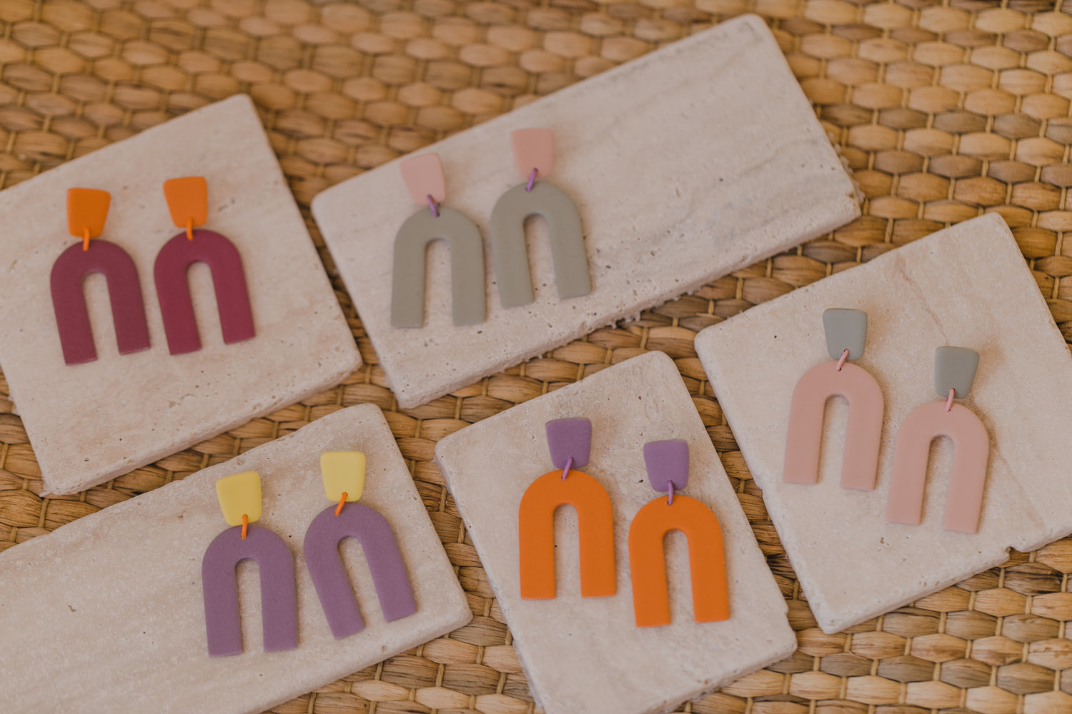 round earrings made of polymer clay in autumn colors