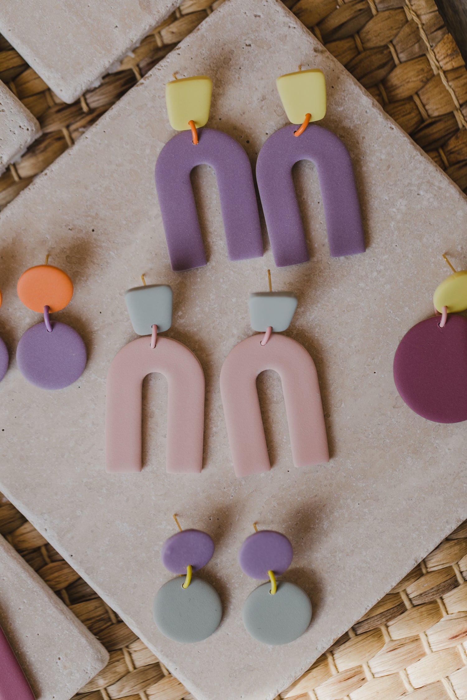 round earrings made of polymer clay in autumn colors