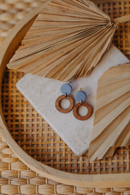 round polymer clay earrings in blue with wooden pendant small circle