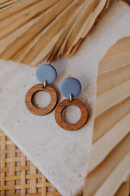 round polymer clay earrings in blue with wooden pendant small circle