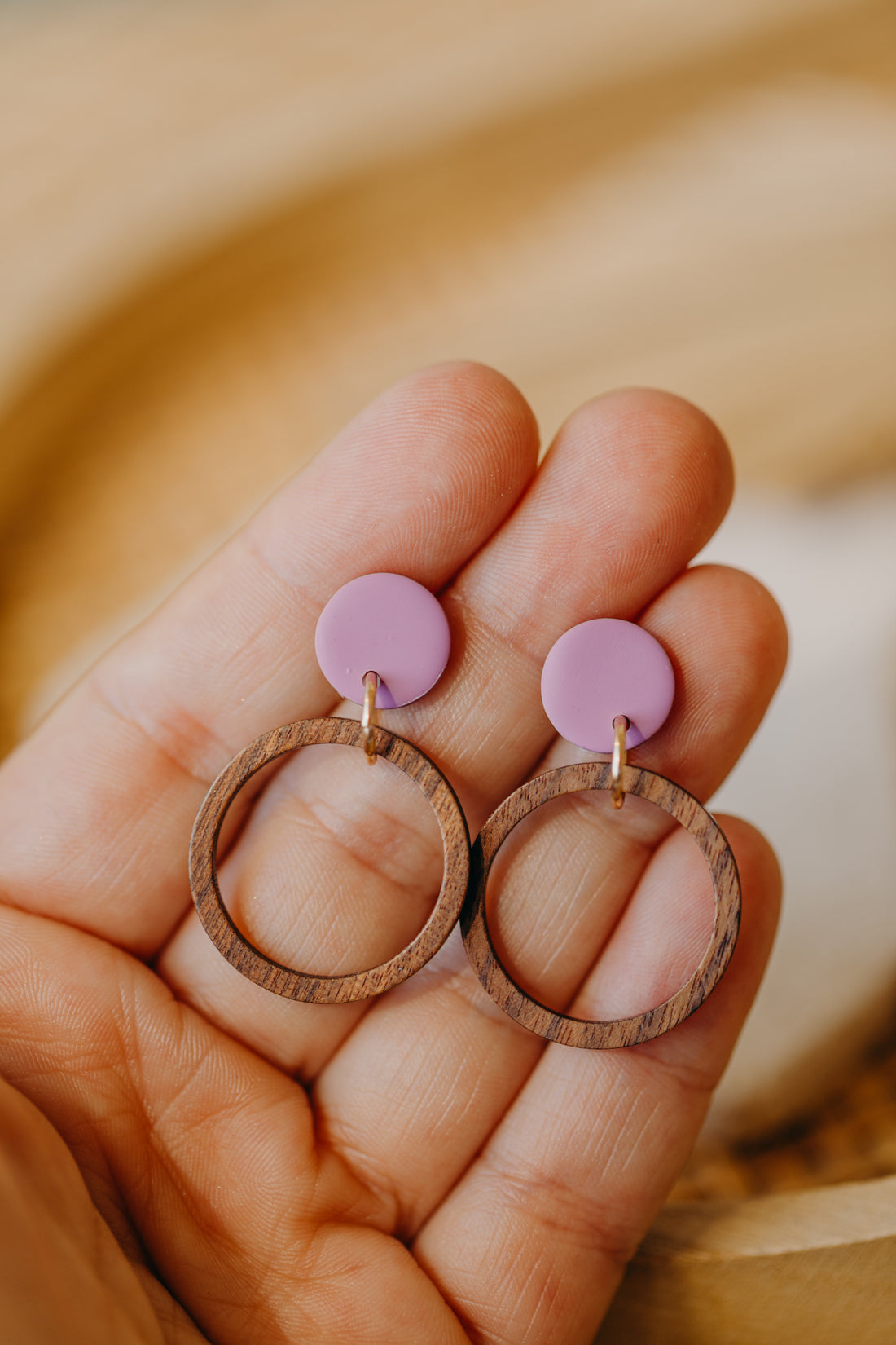 round polymer clay earrings in fuchsia with wooden pendant circle