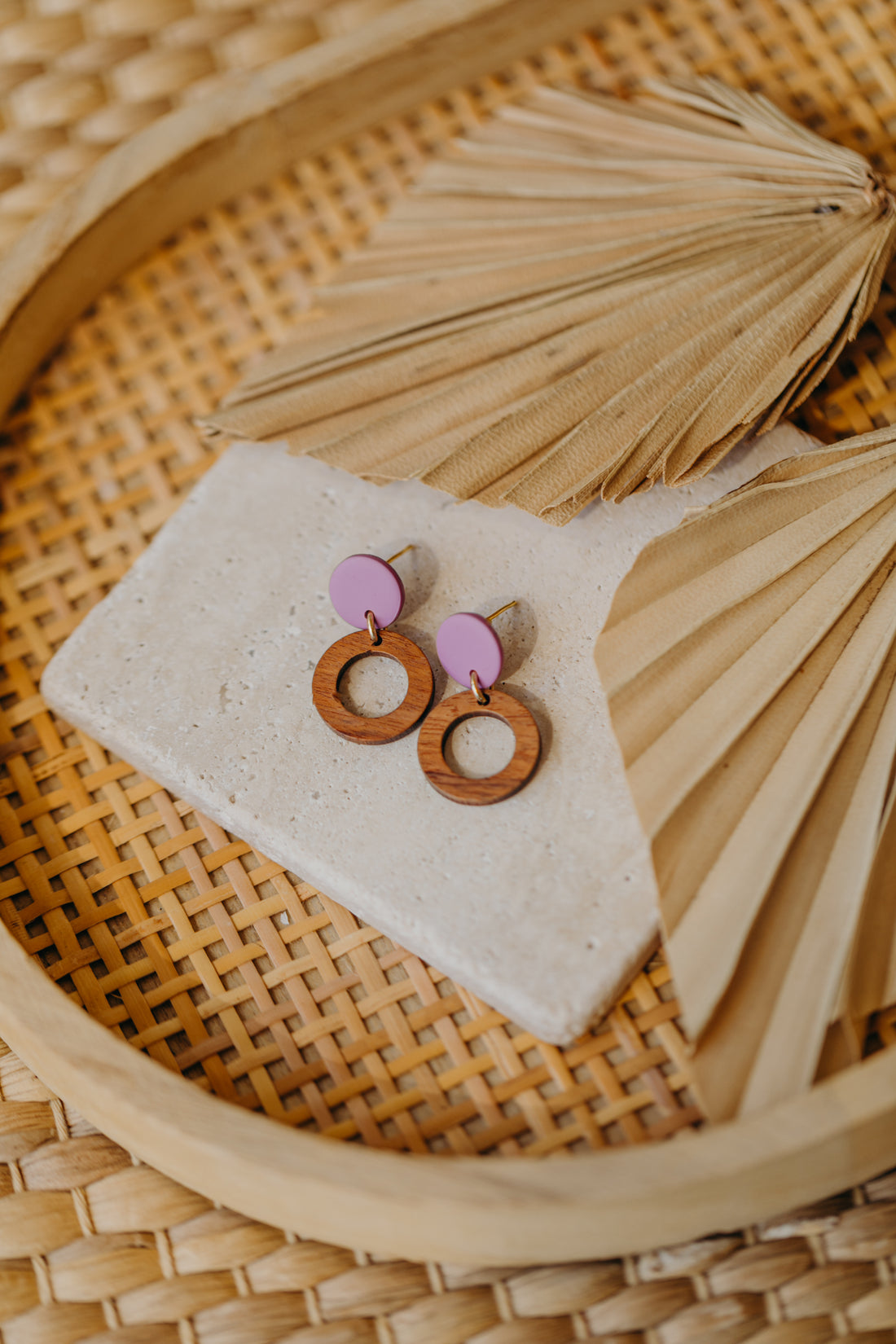 round polymer clay earrings in fuchsia with wooden pendant small circle