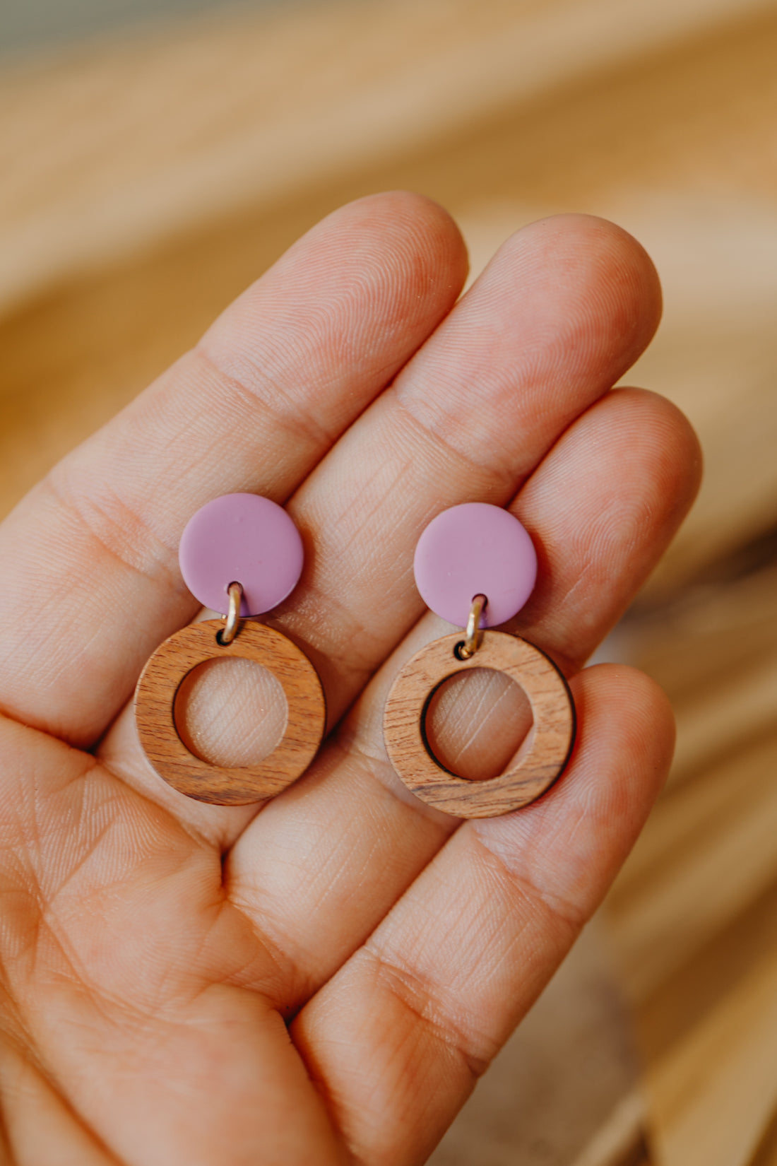 round polymer clay earrings in fuchsia with wooden pendant small circle