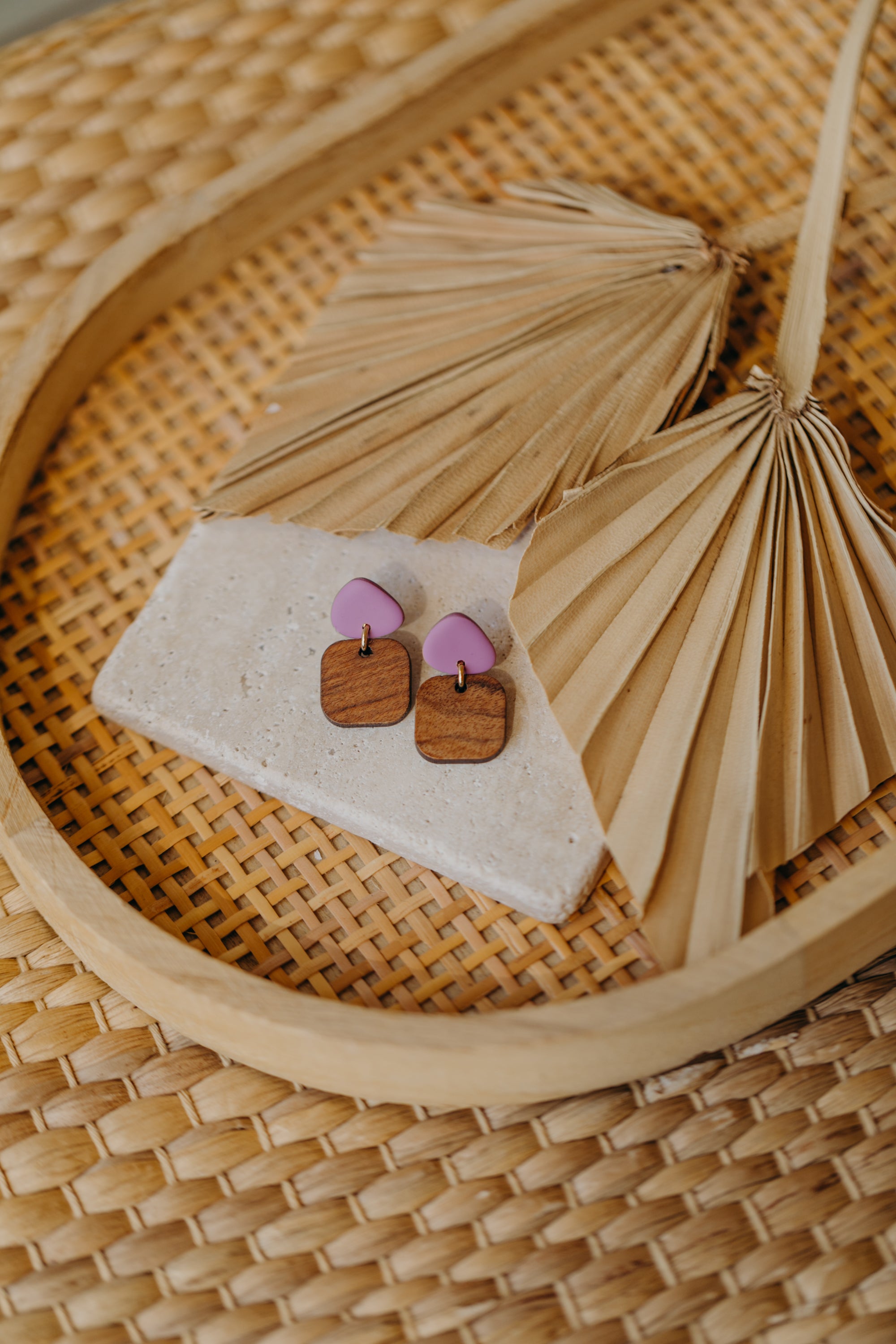 triangular polymer clay earrings in fuchsia with rectangular wooden pendant