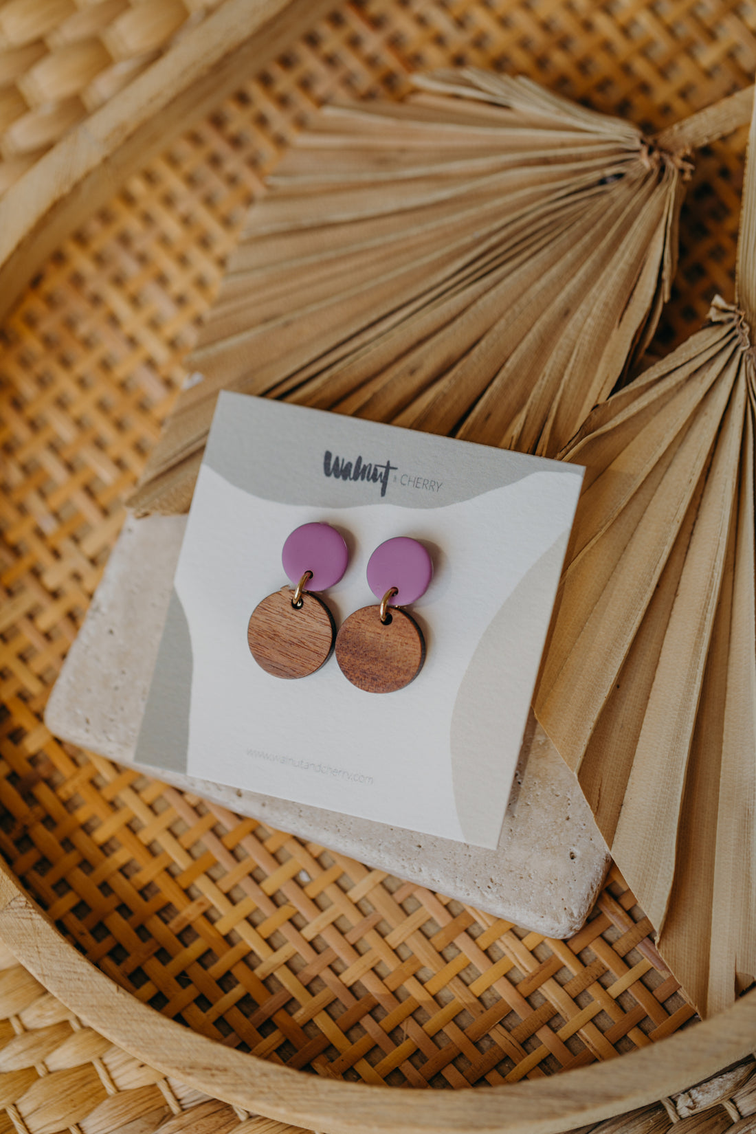 round polymer clay earrings in fuchsia with round wooden pendant