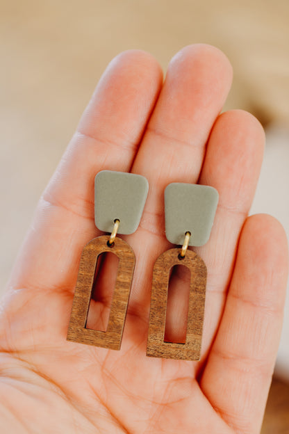 triangular polymer clay earrings in eucalyptus green with rectangular wooden pendant